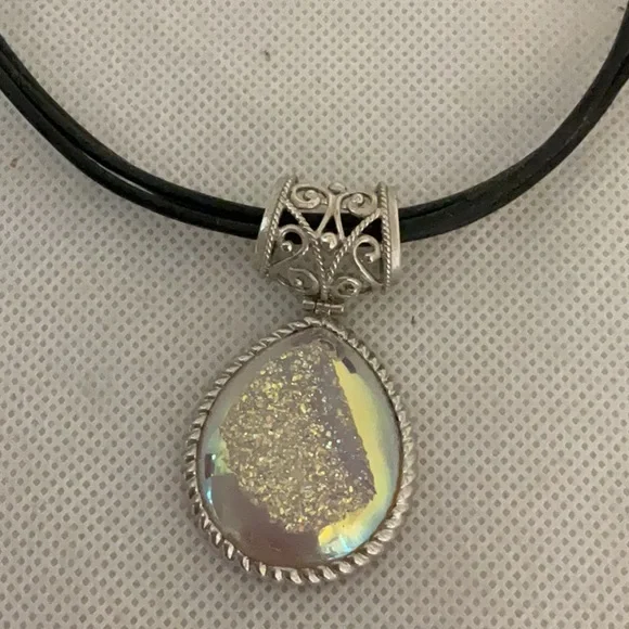 Sterling Silver Teardrop Stone Pendant on Cord Necklace, Black/Silver - Picture 2 of 5